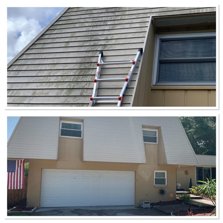 a house with a ladder and a garage