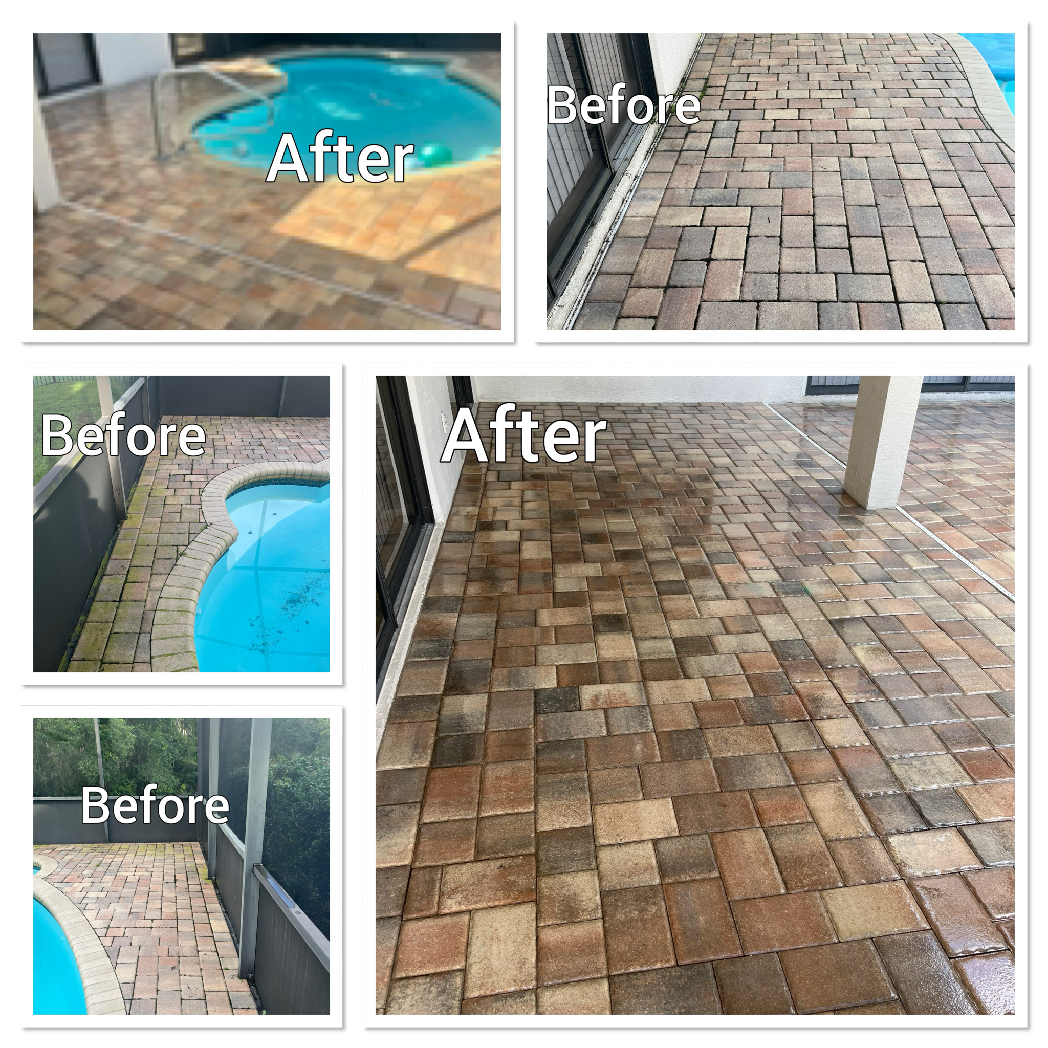 a collage of a patio with a pool