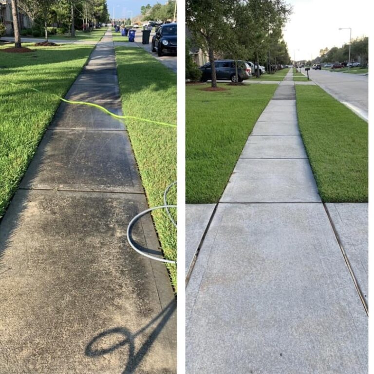 a sidewalk with a hose on it