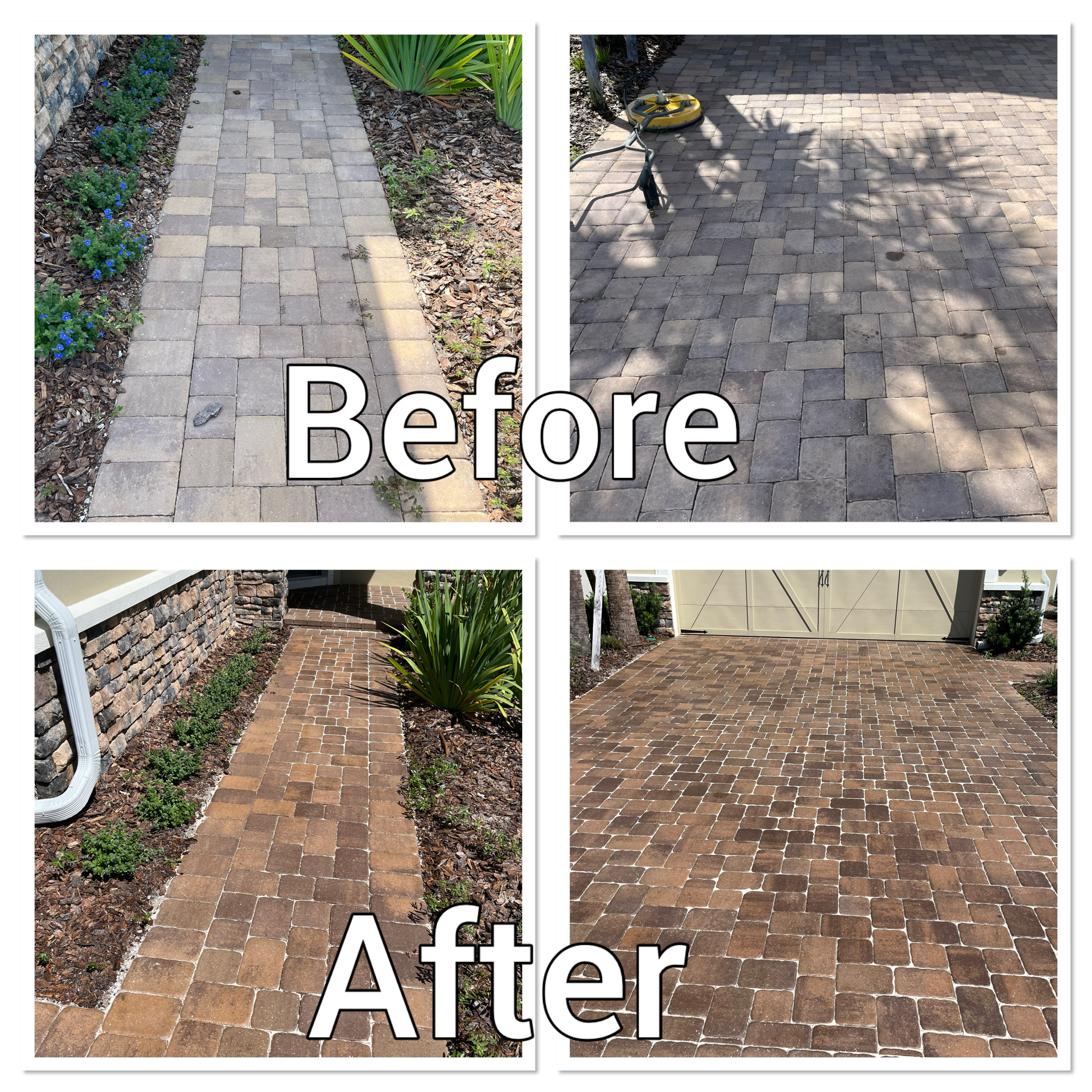 a collage of a brick patio